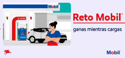 Dibujo de una persona frente a un auto en una estación de servicio Mobil del programa de recompensas Reto Mobil.