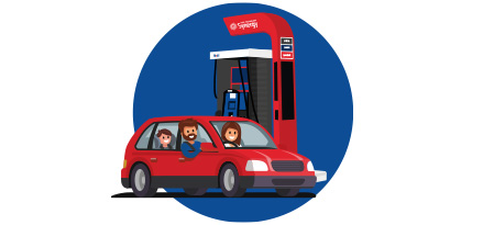Automóvil rojo con familia a bordo en estación de servicio Mobil