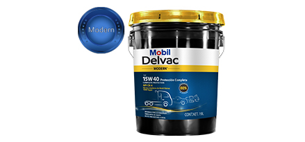 Cubeta de Mobil Delvac Protección Completa que brinda 80% mayor control de viscosidad.