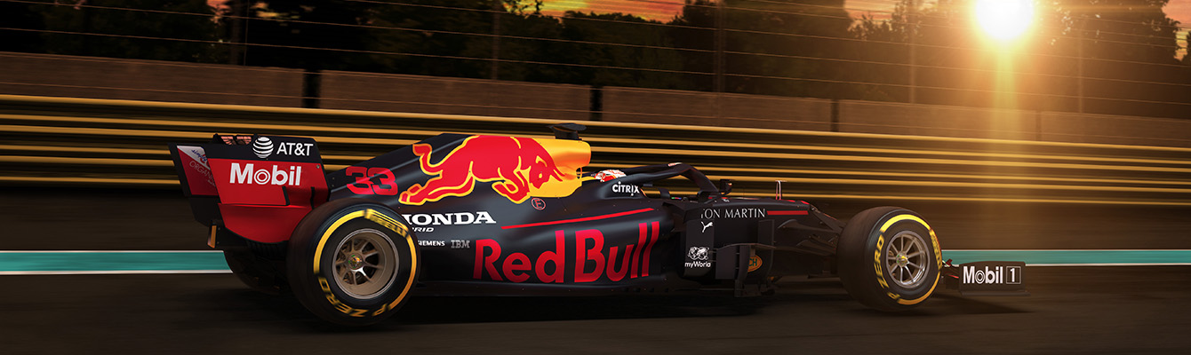Monoplaza de la escudería Red Bull Racing corriendo en puesta de sol