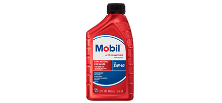Botella de un litro de aceite Mobil Alto Kilometraje 25W-60 visto de frente.