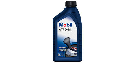 Botella azul marino de aceite Mobil ATF D/M que sirve como fluido para transmisiones automáticas de frente.