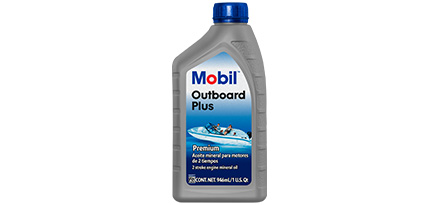Botella de aceite mineral Mobil Outboard Plus para motores de 2 tiempos o marítimos visto de frente.