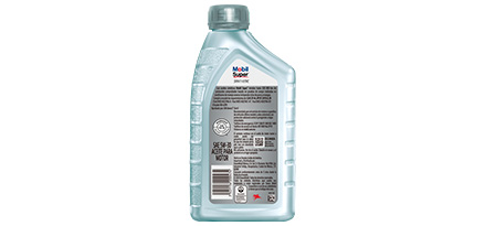 Botella de un litro de aceite Mobil Super Synthethic 5W-30 visto de atrás.