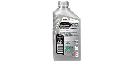 Botella de aceite Mobil 1 FS X2 5W-50 vista trasera, con información técnica impresa, fondo blanco