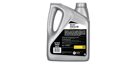 Botella de Mobil Delvac 1 Gear Oil 75W-90 vista trasera con información técnica y tabla de especificaciones.
