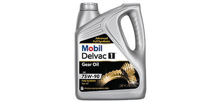 Botella de Mobil Delvac 1 Gear Oil 75W-90 vista frontal, etiqueta negra, logo Delvac