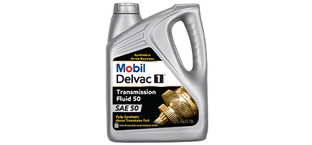 Envase de fluido de transmisión Mobil Delvac 1 Transmission Fluid 50 vista frontal, etiqueta distintiva