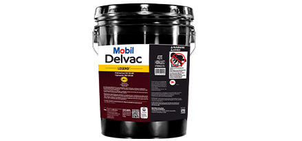 Botella Mobil Delvac Legend Hydraulic vista trasera con detalles técnicos impresos.