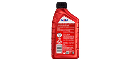 Botella de aceite Mobil 40 vista trasera, con especificaciones técnicas e instrucciones