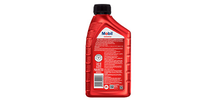 Botella de aceite Mobil 50 vista trasera, con tabla técnica y advertencias.