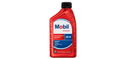 Botella de aceite monogrado Mobil 50 vista frontal, etiqueta con 50.