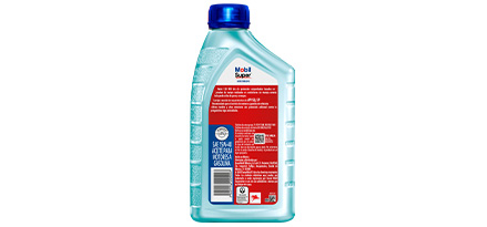 Botella de aceite Mobil Multigrado 15W-40 vista trasera, con información impresa en la etiqueta