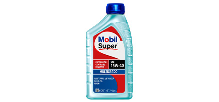 Botella de aceite Mobil Multigrado 15W-40 vista frontal, etiqueta con combinación de color.