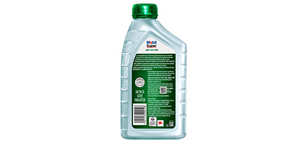 Botella de aceite Mobil Super Anti-Friction 5W-30 vista trasera, etiqueta con advertencias y especificaciones