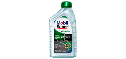 Botella de aceite Mobil Super Anti-Friction 5W-30 vista frontal, diseño clásico Mobil, tapa verde.