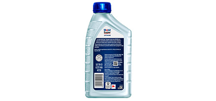 Botella de aceite Mobil Super Extengine 10W-30 vista trasera, con información técnica y instrucciones