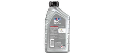 Botella plateada de aceite mobil SHC 630 de atrás