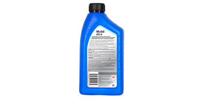 Botella de aceite Mobil ATF 4 de color azul vista desde atrás.