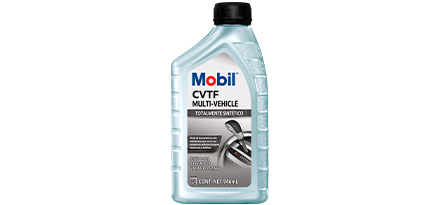 Botella de aceite Mobil CVTF Multi Vehicle de color plateado con etiqueta blanca.