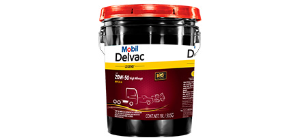Cubeta de Mobil Delvac Legend 20W-50 High Mileage de color negro y tapa roja.