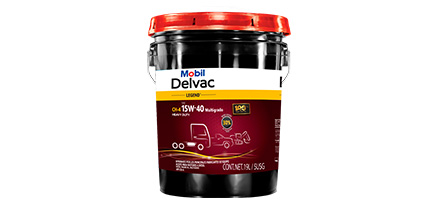 Cubeta de Mobil Delvac Legend CH 4 15W-40 Heavy Duty de color negro y tapa roja.