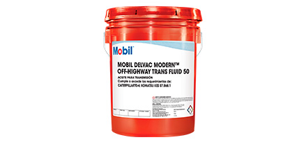 Cubeta de Mobil Delvac Modern Off Higway Trans Fluid de color naranja y etiqueta blanca.