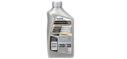 Botella de aceite Mobil 1 Extended Performance 10w-30 de color plateado con colores negro y dorado vista desde atrás