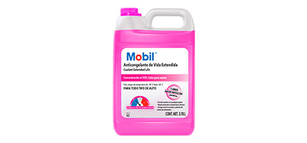 Botella de anticongelante Mobil Coolant Extended Life 33 de color rosa.