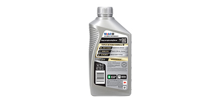 Botella de lubricante para auto Mobil 1 Extended de color gris vista de atrás.